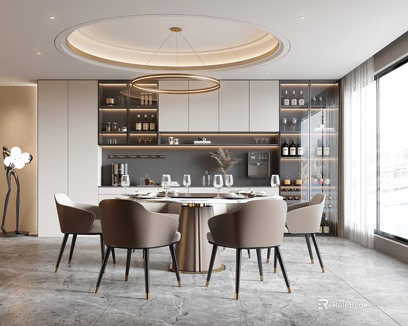Elegant Modern Restaurant Interior With Round Dining Table And Beige Chairs 3d model