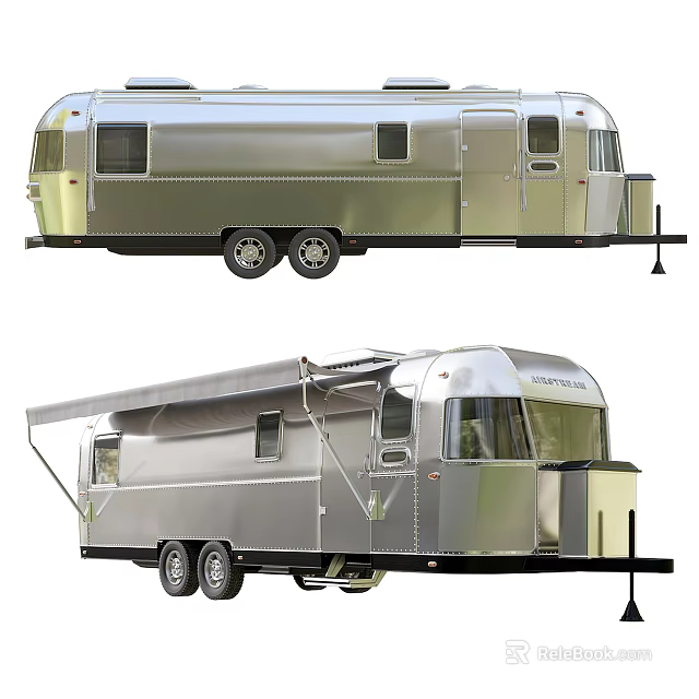 Vintage Silver Travel Trailer With Windows Wheels Open Awning And Exterior Design 3d model 