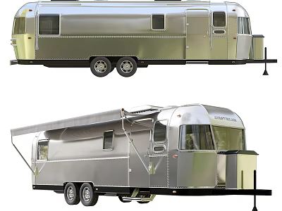 Vintage Silver Travel Trailer With Windows Wheels Open Awning And Exterior Design 3d model