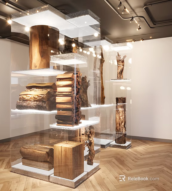 Unique Wooden Sculptures Showcased On Transparent Display Shelves In Exhibition Space With Lighting 3d model 