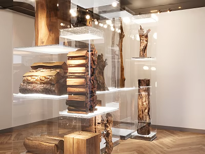 Unique Wooden Sculptures Showcased On Transparent Display Shelves In Exhibition Space With Lighting 3d model