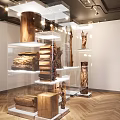 Unique Wooden Sculptures Showcased On Transparent Display Shelves In Exhibition Space With Lighting