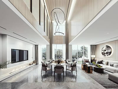 Elegant Duplex Living Room Interior With High Ceiling Large Windows Dining Area And Modern Furniture 3d model
