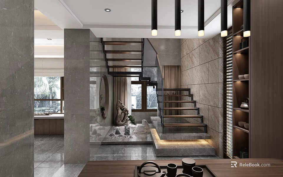 Modern Interior Design With Staircase Hanging Lights Stone Wall And Sculpture 3d model 