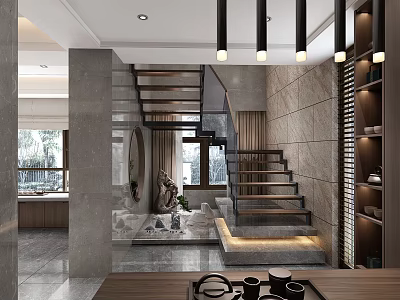 Modern Interior Design With Staircase Hanging Lights Stone Wall And Sculpture 3d model