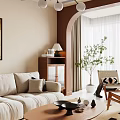 Warm Living Room Interior With Beige Sofa Wooden Cabinet Table Lamp And Green Plant