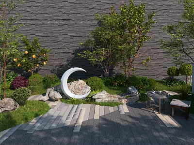 Roof Garden Design With Lush Green Plants Decorative Moon Sculpture And Stone Pathway 3d model