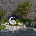 Roof Garden Design With Lush Green Plants Decorative Moon Sculpture And Stone Pathway