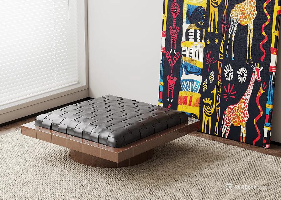 Black Leather Ottoman With Diamond Stitching And Wooden Base On Carpet Near Colorful Abstract Painting 3d model 