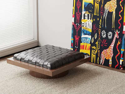 Black Leather Ottoman With Diamond Stitching And Wooden Base On Carpet Near Colorful Abstract Painting 3d model