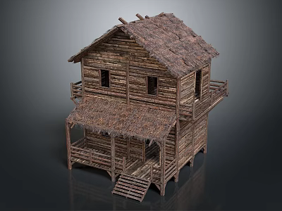 Traditional Two Story Wooden House With Thatched Roof And Balcony Staircase 3d model