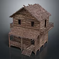 Traditional Two Story Wooden House With Thatched Roof And Balcony Staircase