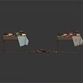 Party Dining Tables Setup With Decorative Fruits Bottles Tablecloth And Scattered Wood Pieces On Floor