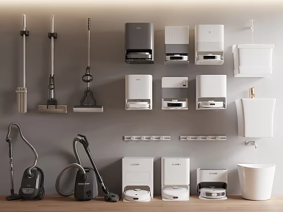 Assorted Cleaning Tools And Bathroom Accessories Display On Wall And Floor 3d model