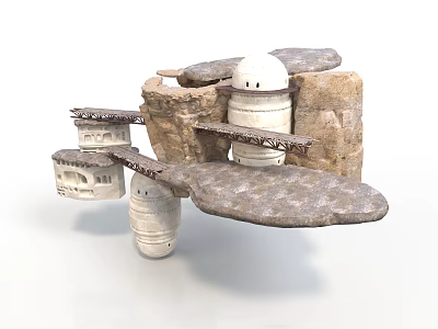 Futuristic Domed Buildings On Floating Rock Platforms With Connected Walkways And Tower Structures 3d model