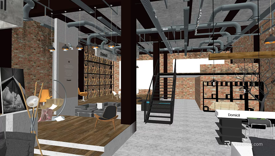 Industrial Style Interior Design With Exposed Pipes Brick Walls And Wooden Flooring 3d model 