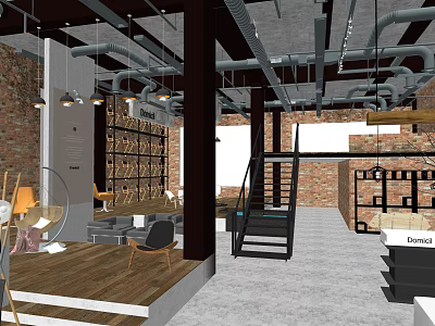 Industrial Style Interior Design With Exposed Pipes Brick Walls And Wooden Flooring 3d model