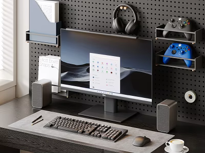 Modern Computer Desk Setup With Monitor Keyboard Mouse Headphones Game Controllers On Perforated Wall 3d model