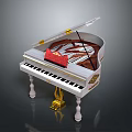 Decorative White Piano with Open Lid Golden Decorations and Red Item for Home Living
