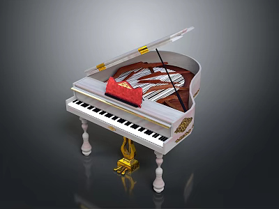 Decorative White Piano with Open Lid Golden Decorations and Red Item for Home Living 3d model