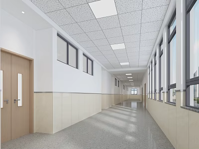 Long Modern Hospital Corridor With Shoe Bench White Walls Light Floor And Windows 3d model