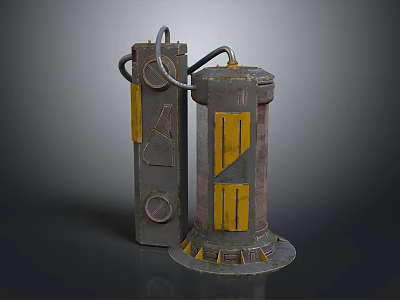 Cylindrical And Rectangular Cosmic Devices With Metallic Surface And Yellow Stripes 3d model