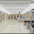 Modern Service Hall Interior With Reception Counter Computers Chairs And Posters 3d model
