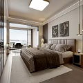 Modern Bedroom Interior Design With Brown Bed Hanging Lights Artworks And Area Rug