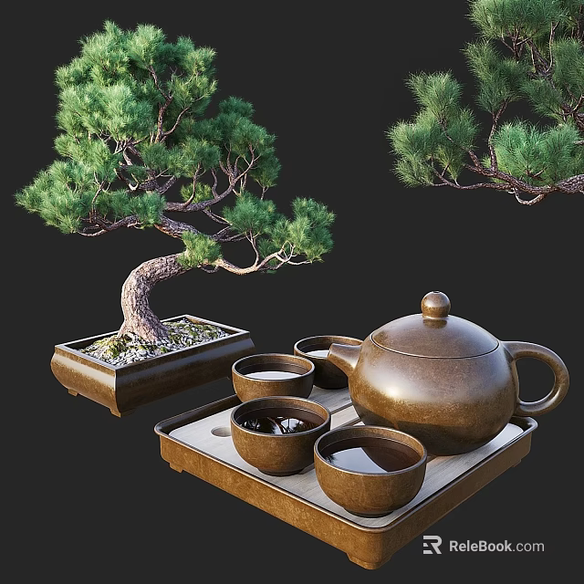 Traditional Decorative Ornament Set with Bonsai Pine Tree Teapot Teacups and Wooden Tray 3d model 