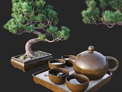 Traditional Decorative Ornament Set with Bonsai Pine Tree Teapot Teacups and Wooden Tray 3d model