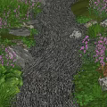 Waterfront Landscape With Stone Path Purple Flowers Green Plants And Rocks