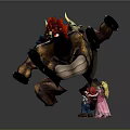 3D Game Character Scene With Red Spiked Monster Red Outfit Male And Pink Dress Female