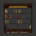 Dark Red Wooden Bookshelf With Multiple Shelves Holding Colorful Books And Scattered Papers