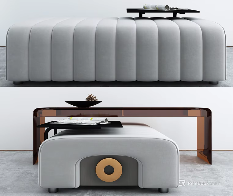 Modern Gray Sofa Bench With Stitched Design And Round Metal Accent 3d model 