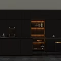 Modern Kitchen With Dark Cabinets Wooden Shelving Lighting And Bar Counter Stools