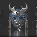 Intricate Silver Mask With Blue Enamel Patterns And Tassel Decorations