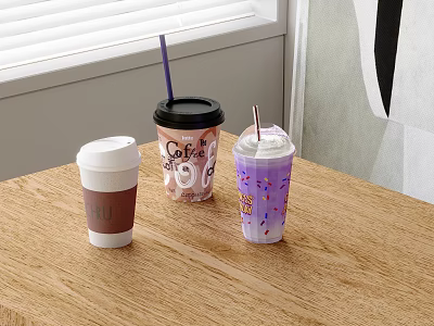 Three Refreshing Beverages with White Black Lids Purple Drink and Sprinkles on Wooden Table 3d model