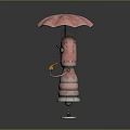 Cute Anthropomorphic Potato Character Standing Holding Pink Umbrella With Antennae And Striped Dress