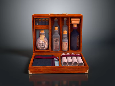 Vintage Wooden Box With Glass Bottles Scrolls And Fabric Lining 3d model