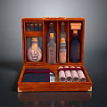 Vintage Wooden Box With Glass Bottles Scrolls And Fabric Lining