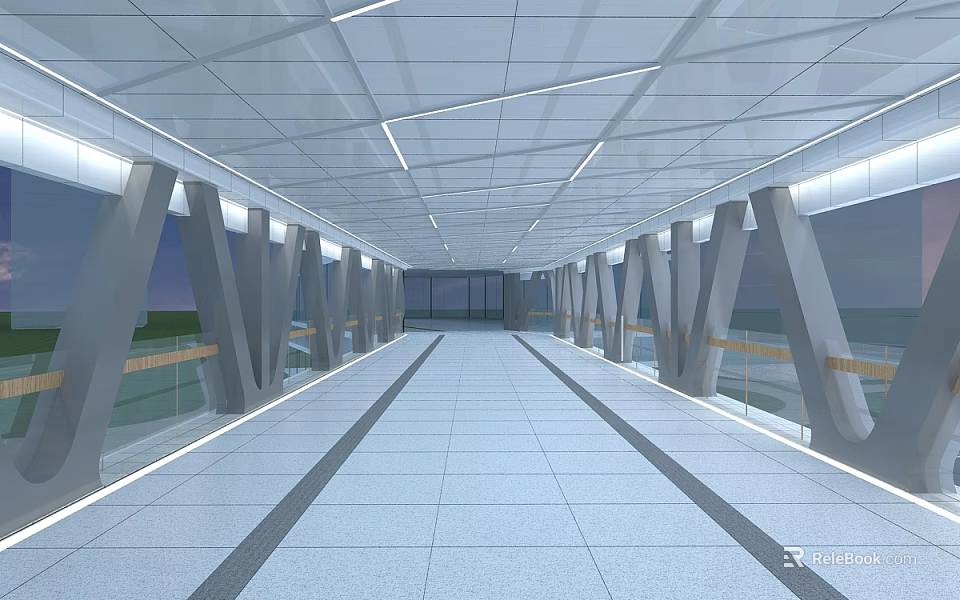 Modern Bridge Design With Glass Railings Lighting And Spacious White Walkway 3d model 