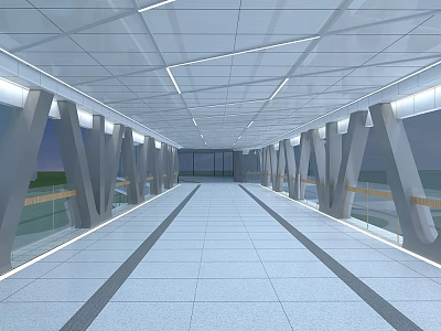 Modern Bridge Design With Glass Railings Lighting And Spacious White Walkway 3d model