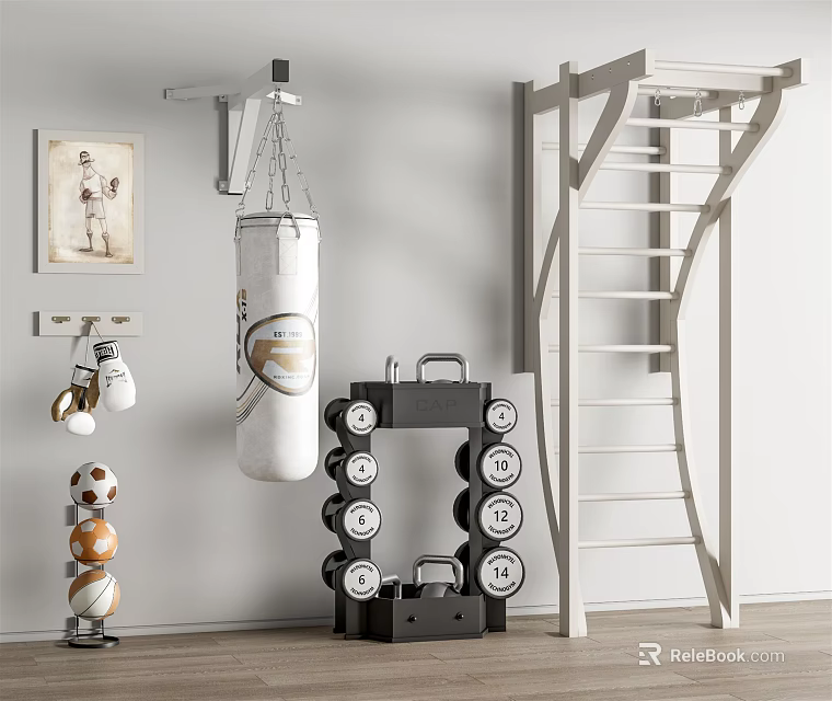 Home Gym Sports Equipment With Punching Bag Boxing Gloves Dumbbells Climbing Ladder And Training Ball 3d model 