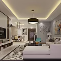 Modern Dining Living Room Interior With Dining Table Chairs Hanging Chandelier And Decorative Painting