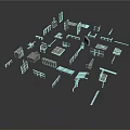 Detailed Architectural Model Scene Components With Various Shapes And White Background