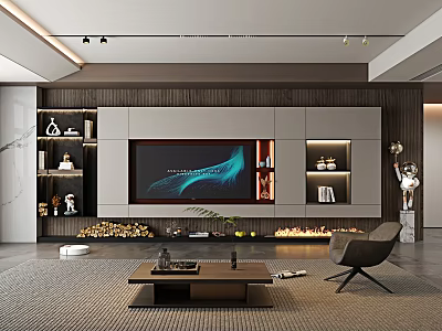 Modern Living Room Interior Design With TV Wall Unit Shelves Fireplace And Decorative Items 3d model
