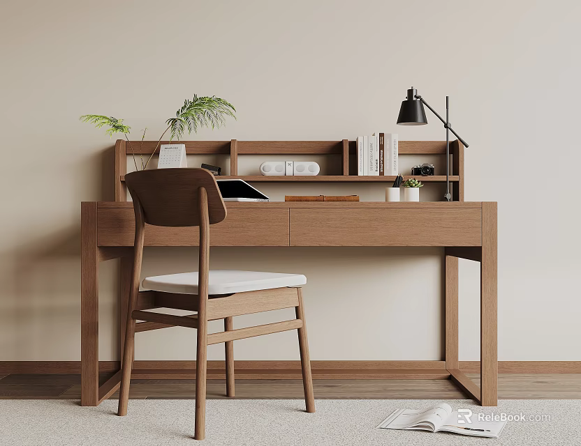 Wooden Desk With Matching Chair Desk Lamp Built in Bookshelf And Small Plant 3d model 