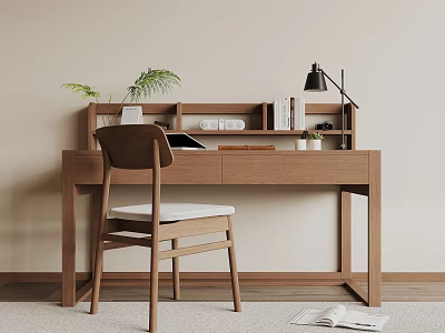 Wooden Desk With Matching Chair Desk Lamp Built in Bookshelf And Small Plant 3d model
