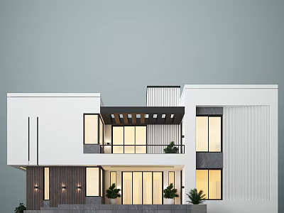 Modern Single Family Villa Exterior With Large Windows Balcony And Plants 3d model