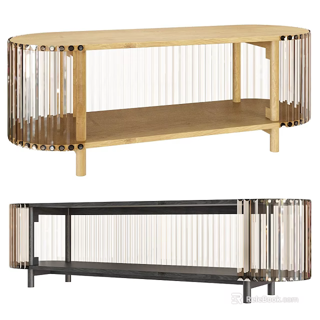 Modern TV Stand Featuring Wooden And Black Frame With Clear Vertical Strips Design 3d model 
